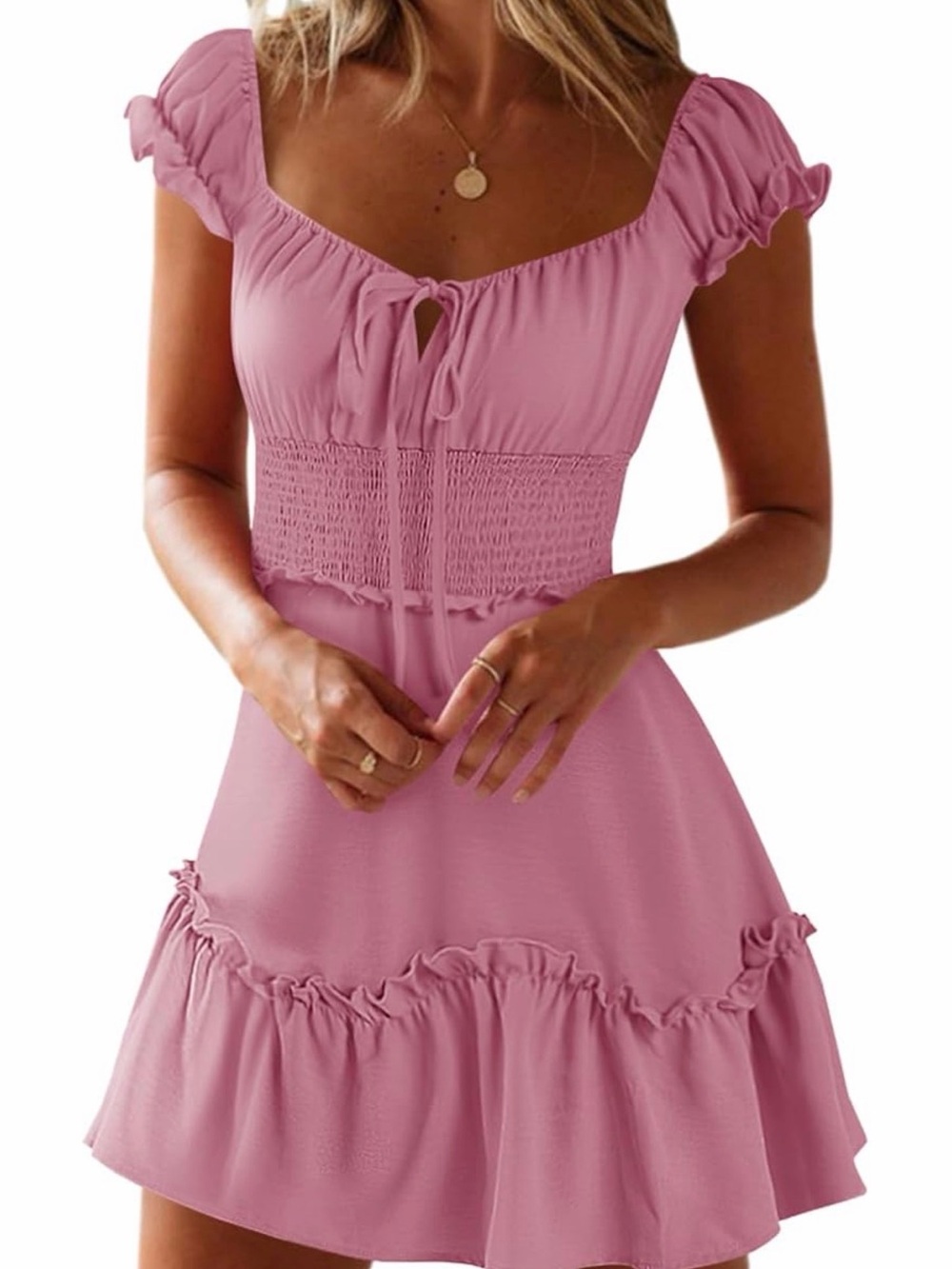 Smocked Waist Pink Mini Dress with Tie-Front Neckline